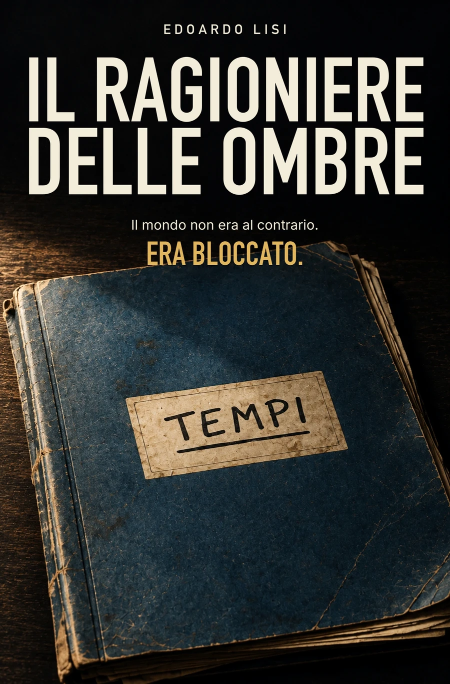Copertina del romanzo Il Ragioniere delle Ombre di Edoardo Lisi, con una cartellina blu TEMPI.